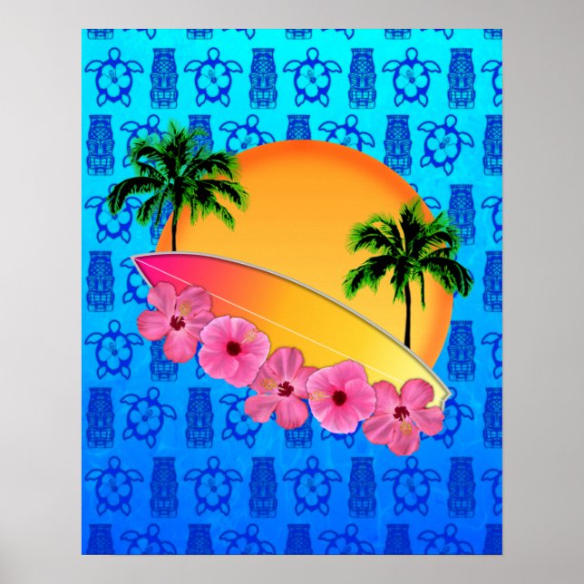 Surfboard and Hibiscus Flowers Poster (Front)