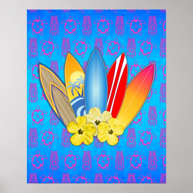 Surfboard and Hibiscus Flowers Poster (Front)