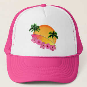 Surfboard and Hibiscus Flowers Trucker Hat