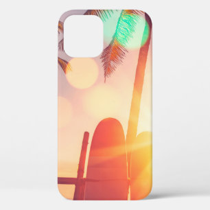 Surfboard and palm tree on beach double exposure w iPhone 12 case