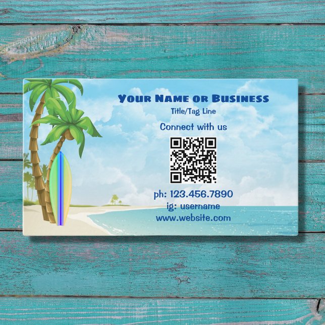 Surfboard and Palm Trees | QR Code Tropical Beach Business Card (Creator Uploaded)