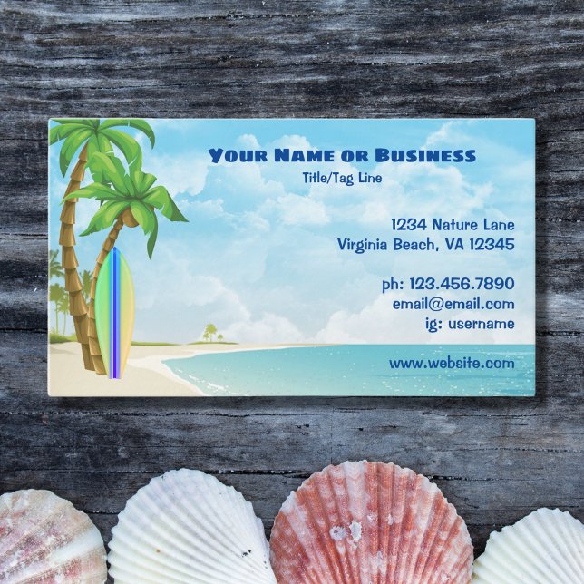 Surfboard and Palm Trees Tropical Beach Business Card (Front - Surfboard and Palm Trees Tropical Beach Business Card)