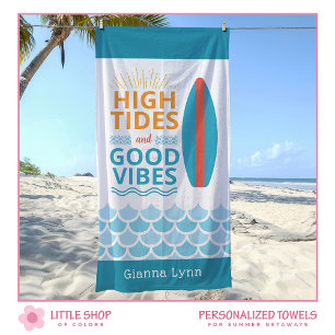 Surfboard High Tides Good Vibes Customisable Beach Towel