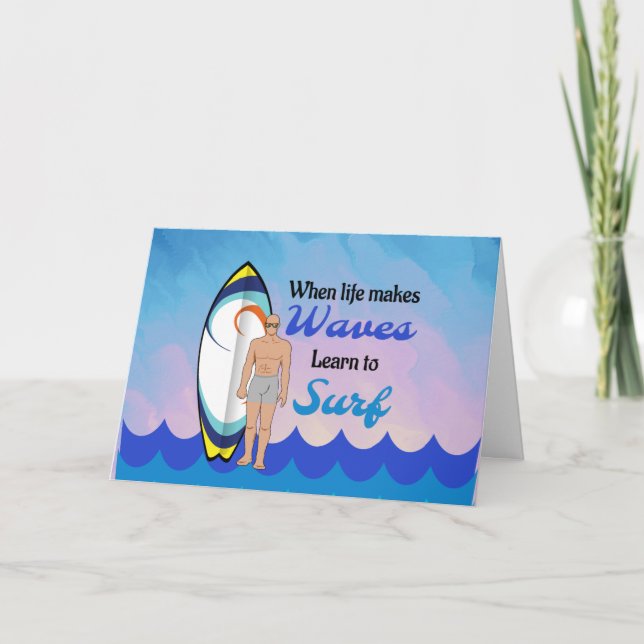 Surfboard Ocean Waves Blue Motivational Quote Card (Front)
