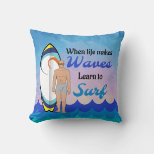 Surfboard Ocean Waves Blue Motivational Quote Cushion