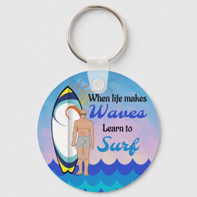Surfboard Ocean Waves Blue Motivational Quote Key Ring (Front)