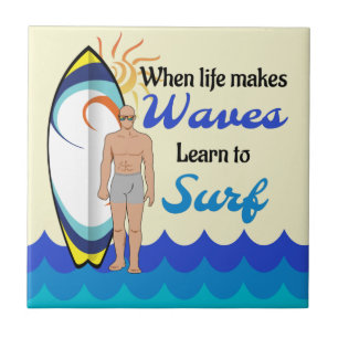 Surfboard Ocean Waves Blue Motivational Quote Tile