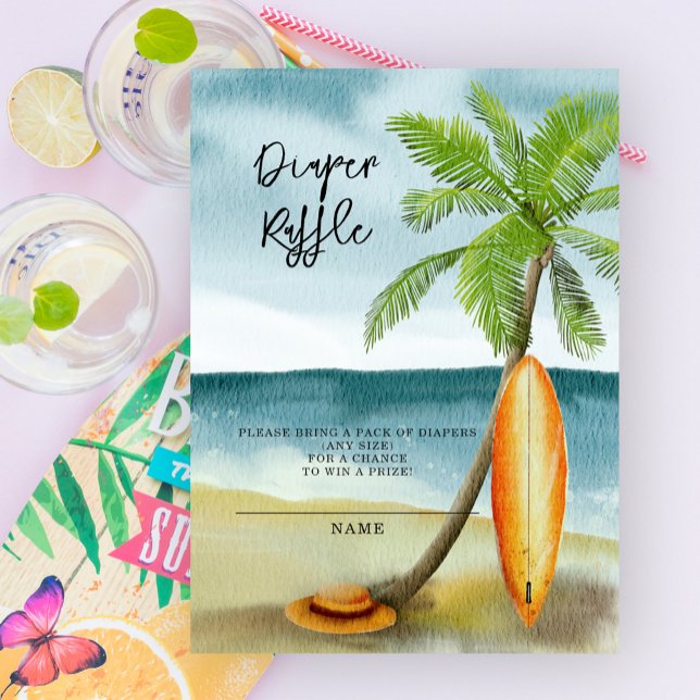 Surfboard on beach - diaper raffle enclosure card (Creator Uploaded)