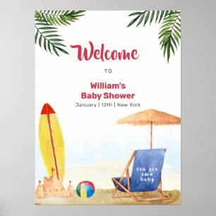 Surfboard Sea Sand Beach Boy Baby Shower Welcome Poster