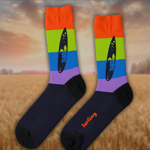 Surfboard Silhouette on Strong Bright Color Socks