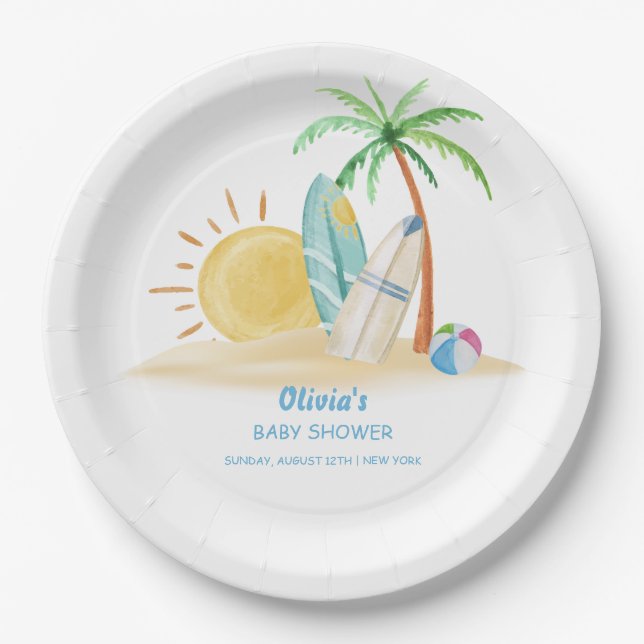 Surfboard Sunshine Beach Palm Tree Baby Shower  Paper Plate (Front)