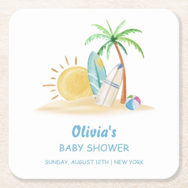 Surfboard Sunshine Beach Palm Tree Baby Shower  Square Paper Coaster (Front)