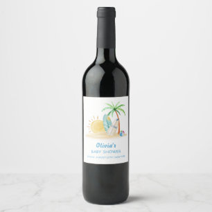 Surfboard Sunshine Beach Palm Tree Baby Shower  Wine Label