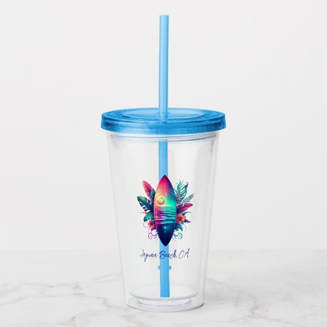 Surfboard Tropical Beach- Acrylic Tumbler (Front)