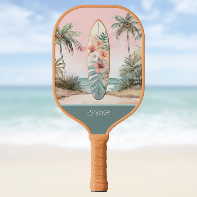 Surfboard Tropical Island Floral Teal Initials Pickleball Paddle (Creator Uploaded)