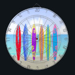 Surfboards Beach Dart Board<br><div class="desc">Surfboards Beach Dart Board features a beach background with sand, ocean and sky, 6 colourfully decorated surfboards. Perfect gift for surfer in your life. Includes 6 brass darts (3 American flag dart flights and 3 UK dart flights). Regulation size board (18” diameter, 1” thick). Finished with aluminium frame and hanging...</div>