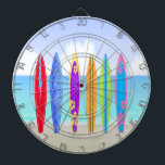 Surfboards Beach Dart Board<br><div class="desc">Surfboards Beach Dart Board features a beach background with sand, ocean and sky, 6 colourfully decorated surfboards. Perfect gift for surfer in your life. Includes 6 brass darts (3 American flag dart flights and 3 UK dart flights). Regulation size board (18” diameter, 1” thick). Finished with aluminium frame and hanging...</div>