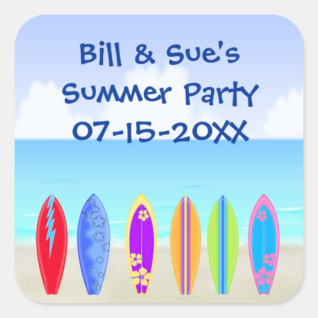 Surfboards Beach Party Favour Square Sticker (Front)