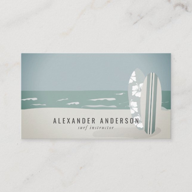 Surfboards Beach Surf Instructor Shop Blue Business Card (Front)