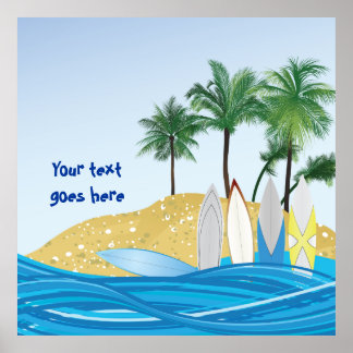 Surfboards on a tropical beach with palm trees poster