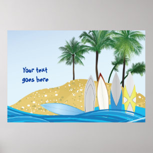 Surfboards on a tropical beach with palm trees poster