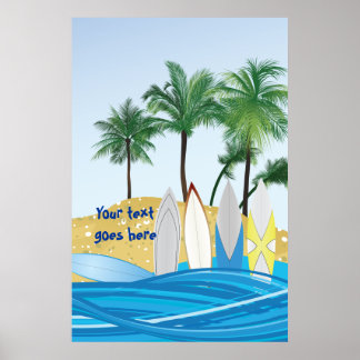 Surfboards on a tropical beach with palm trees poster