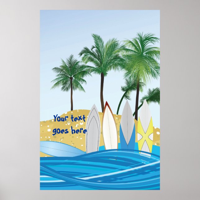 Surfboards on a tropical beach with palm trees poster (Front)