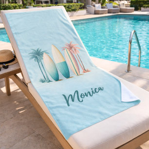 Surfboards palm trees retro sage green beach towel