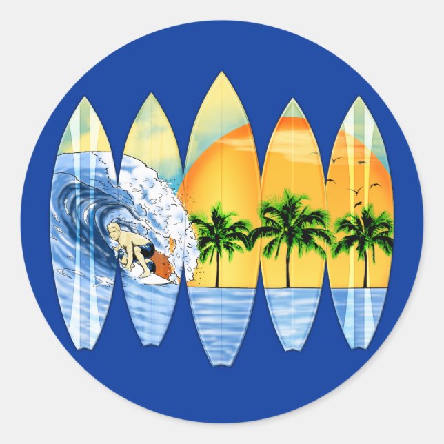 Surfer And Surfboards Classic Round Sticker (Front)