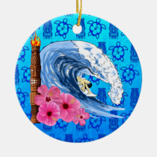 Surfer And Tiki Statue Ceramic Tree Decoration