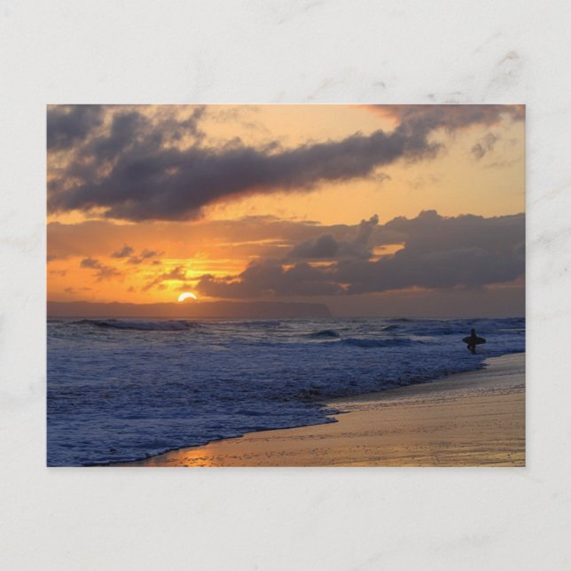 Surfer at Sunset on Kauai Beach, Niihau on Horizon Postcard (Front)
