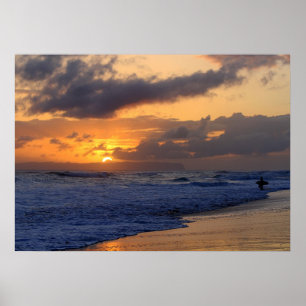 Surfer at Sunset on Kauai Beach, Niihau on Horizon Poster