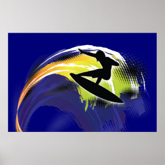 Surfer black figure & colourful wave on blue poste poster