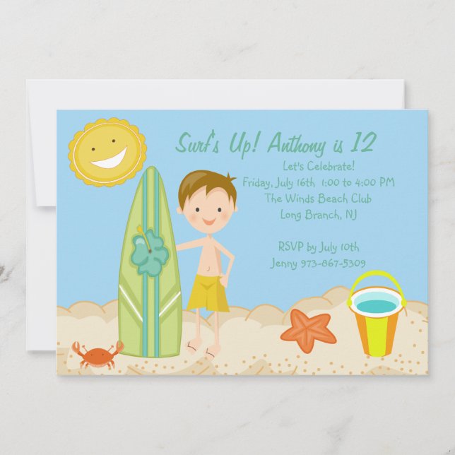 Surfer Boy Beach Party Birthday Invitation (Front)