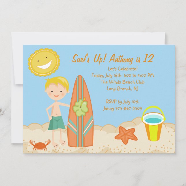 Surfer Boy Beach Party Birthday Invitation (Front)