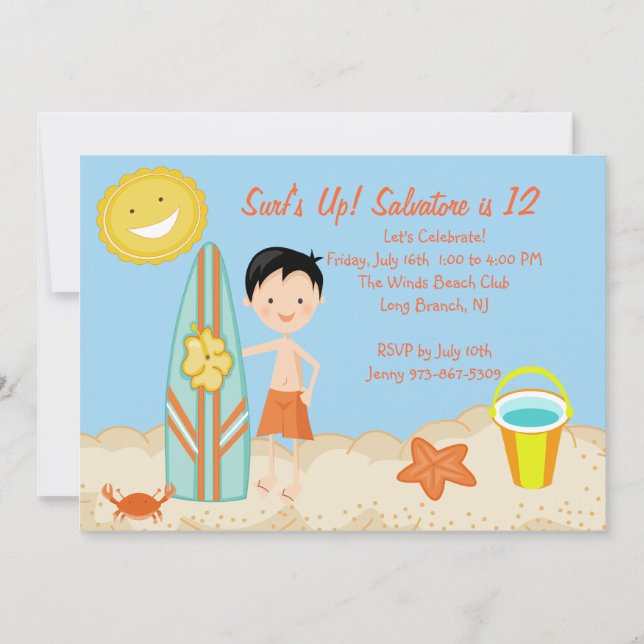 Surfer Boy Beach Party Birthday Invitation (Front)