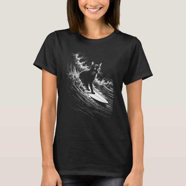 Surfer Ca - Funny Cat Surfing a Wave T-Shirt (Front)