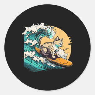 Surfer Cat, Cat On Surfboard, Cat Riding Wave, Fun Classic Round Sticker