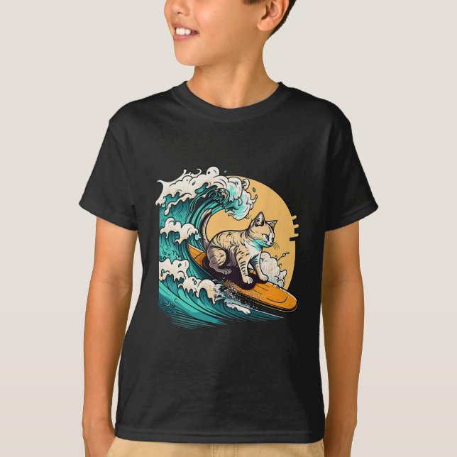 Surfer Cat, Cat On Surfboard, Cat Riding Wave, Fun T-Shirt (Front)