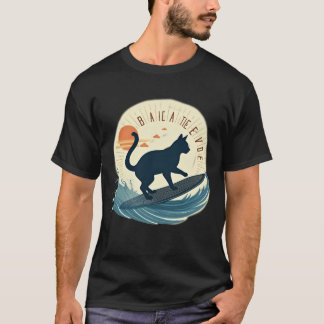 Surfer Cat Silhouette Abstract Retro Beach Waves T-Shirt