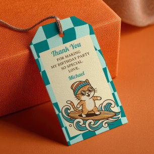 Surfer Cat Summer Beach Birthday Party Thank You  Gift Tags