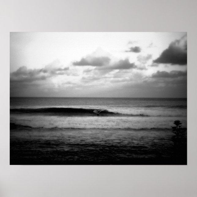 Surfer Catching a Wave in the Morning B&W Poster (Front)