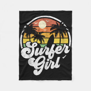 Surfer Girl Beach Retro 70s Summer Surfing Vacatio Fleece Blanket