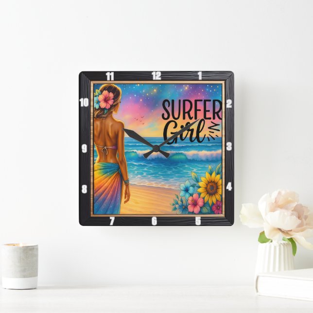 Surfer Girl Beach Sunset Square Wall Clock (Home)