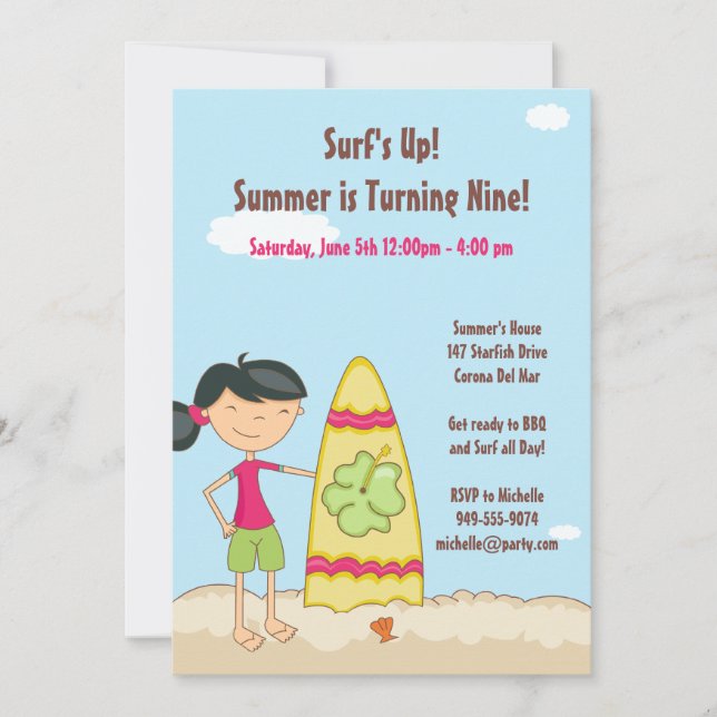 Surfer Girl Birthday Party Invitation (Front)