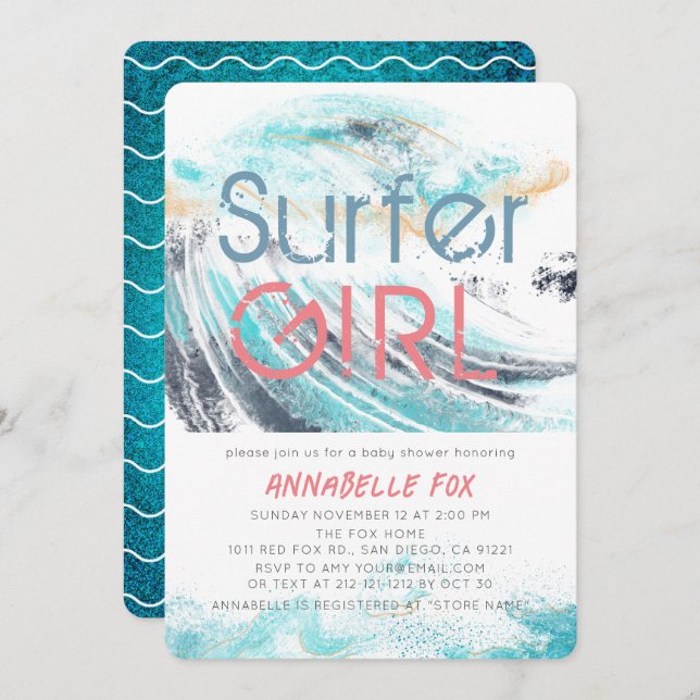Surfer Girl Blue Wave Splash Surfing Baby Shower Invitation (Front/Back)