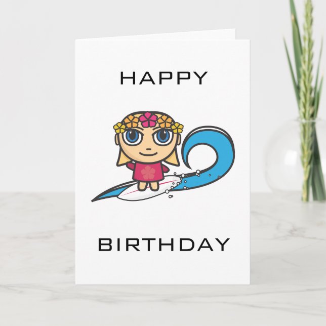 Surfer Girl Cartoon Character Happy Birthday Card (Front)