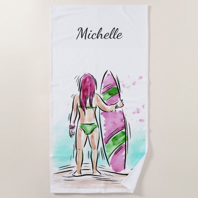 Surfer Girl custom name beach towel (Front)
