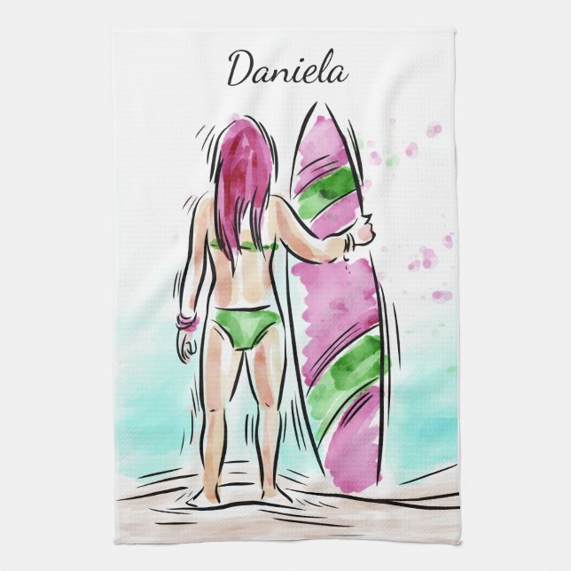 Surfer Girl custom name hand towel (Vertical)