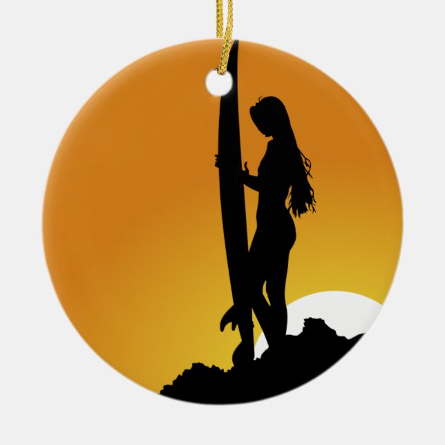 Surfer girl Silhouette Ceramic Tree Decoration (Front)
